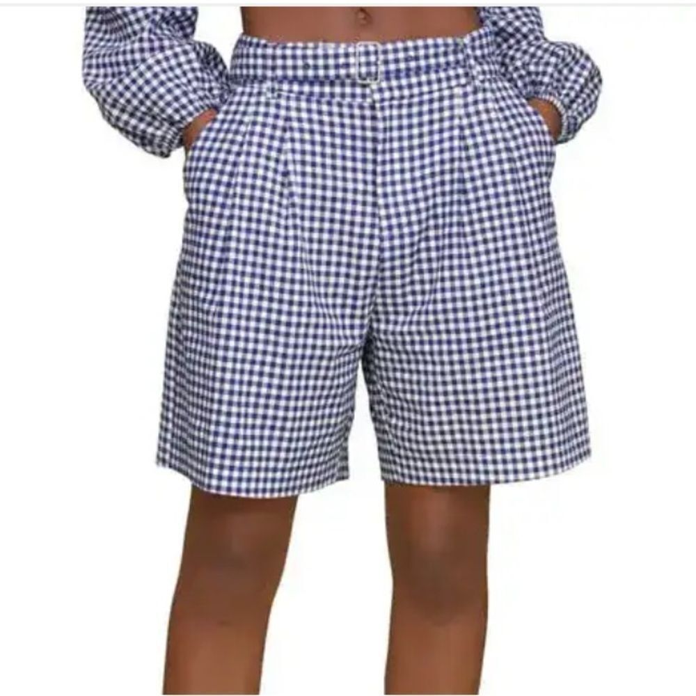 Avec Les Filles Gingham Belted Linen Blend Bermuda Shorts in navy and white. 10